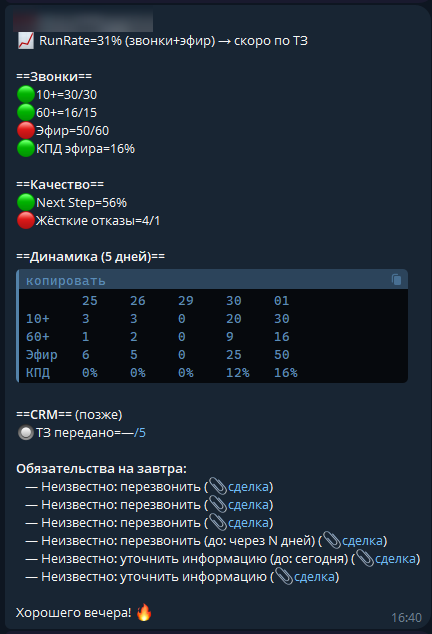 Дневной отчёт менеджера